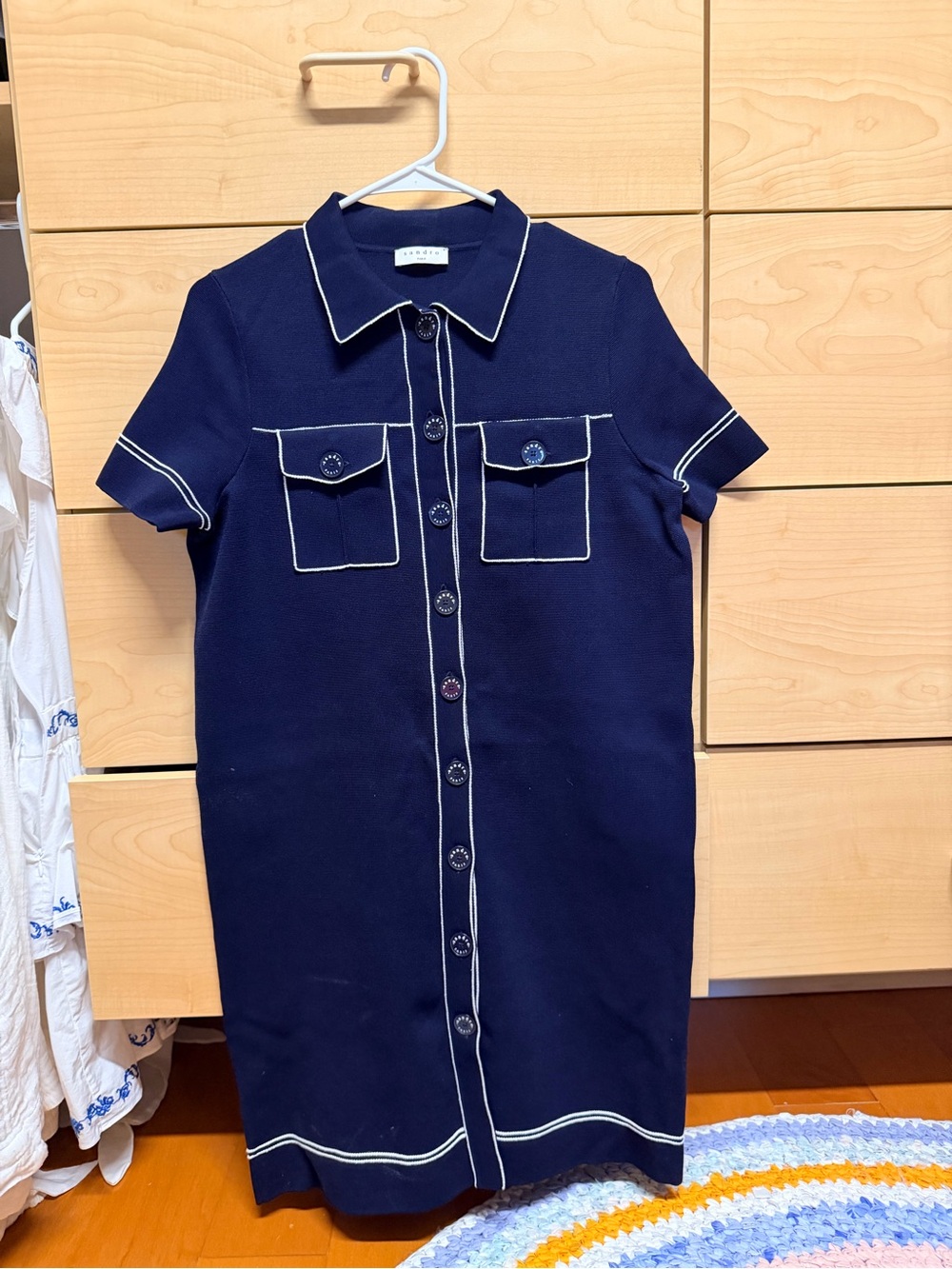 Classic Navy Short-Sleeve Midi Dress with White Piping